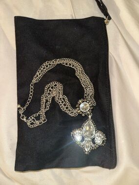 Fleur De Lis Rhinestone Pendant Statement Necklace - Silver Tone